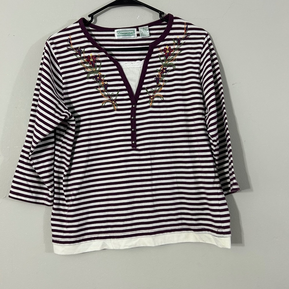 Shenanigans Women Striped Embroidered V Neck 3/4‎ Sleeve Top Womens Size S